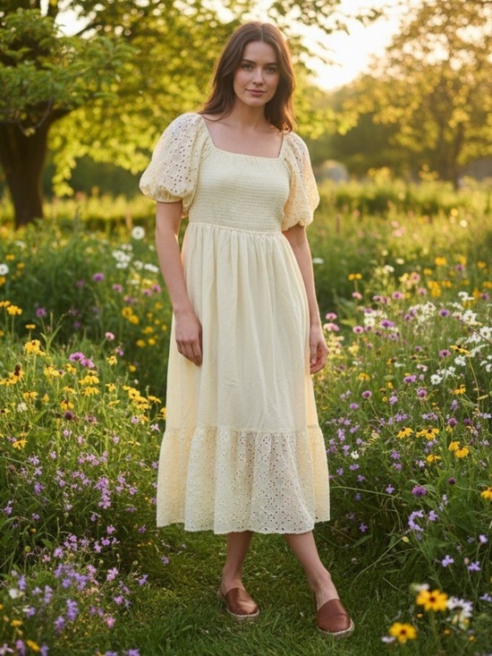 indigo Rose Dresses & Skirts - Indigo Rose Pale Yellow Eyelet Smocked Maxi Dress Petite Large Cottagecore Boho